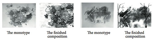 Examples of monotypes and finished compositions